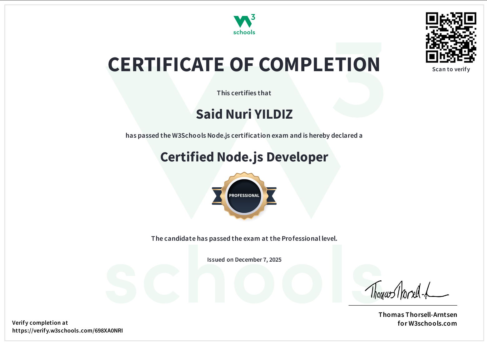 W3Schools Certified Node.js Developer